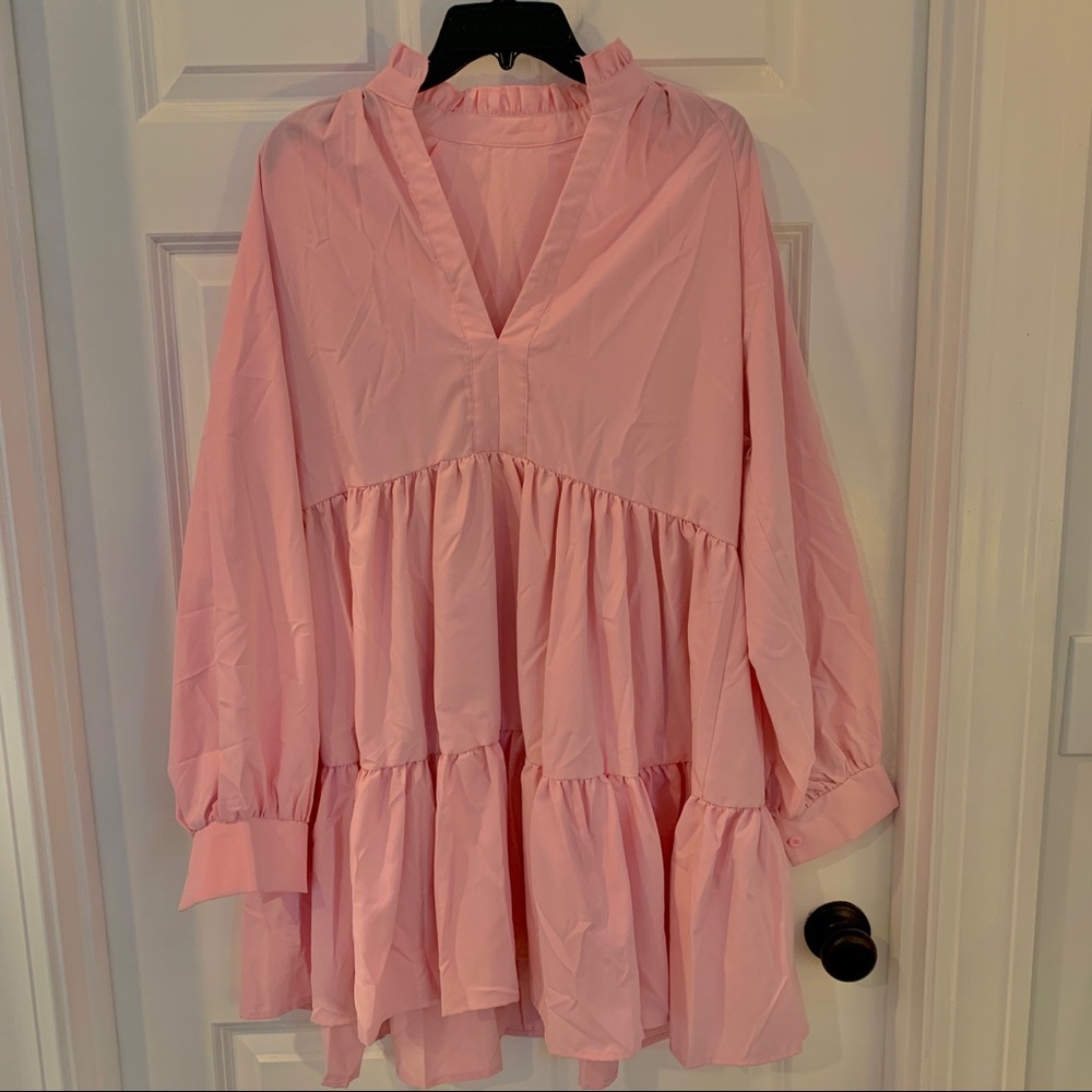 Baby Pink Notch Neck Smock Dress